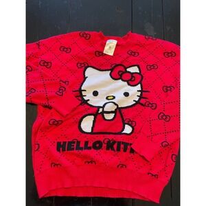 Hello Kitty Red Knit Sweater All Over Bows Graphic Crew Neck Women's Size L